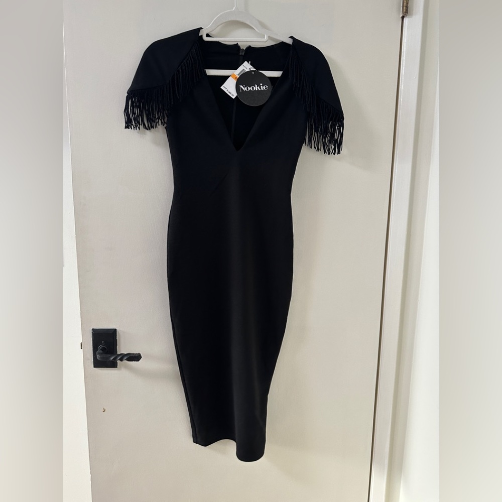 Nookie Black Mendez Fridge Detail Shoulder V-Neck Bodycon Party Midi Dress S - Picture 7 of 14